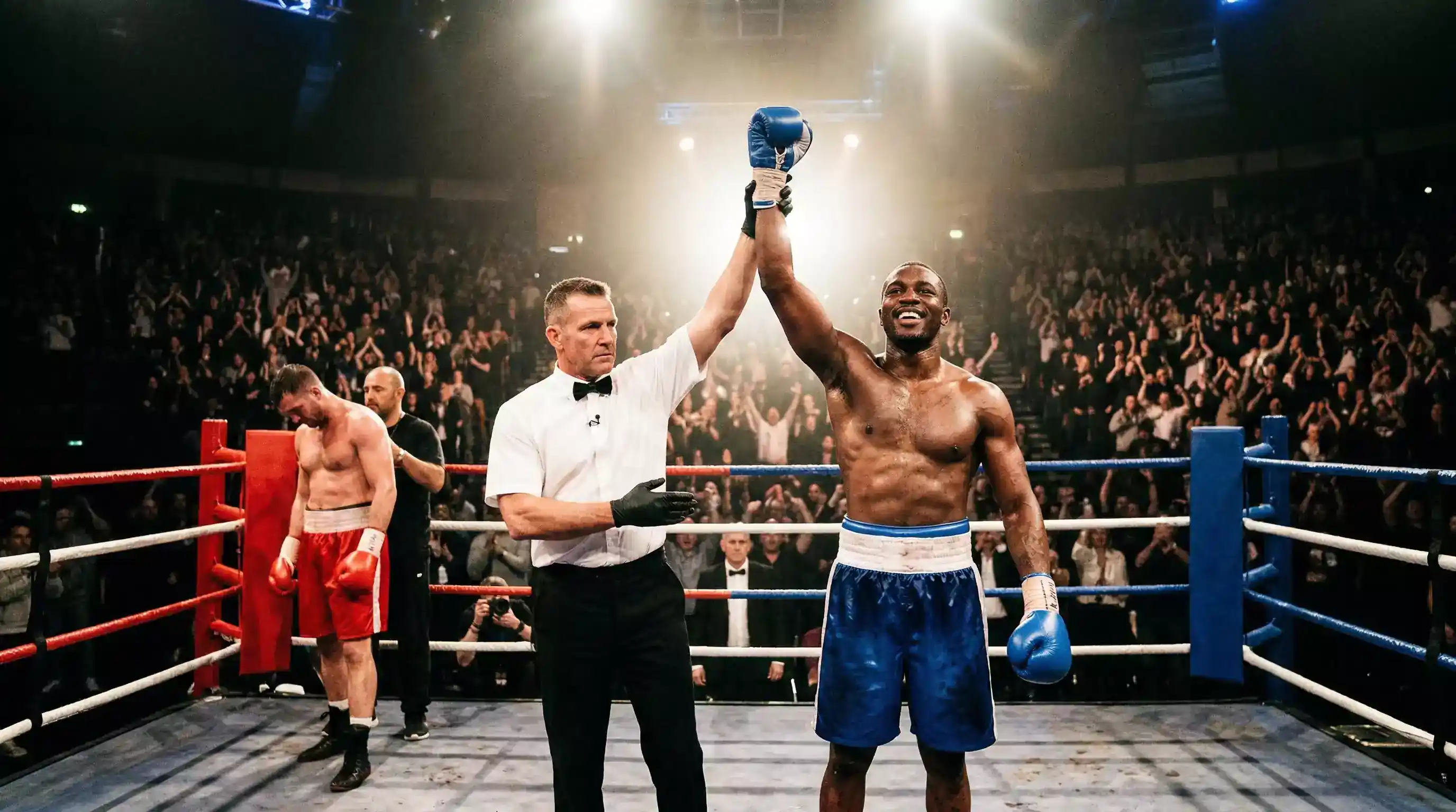 Árbitro de boxeo levantando el brazo del ganador en un ring de campeonato profesional