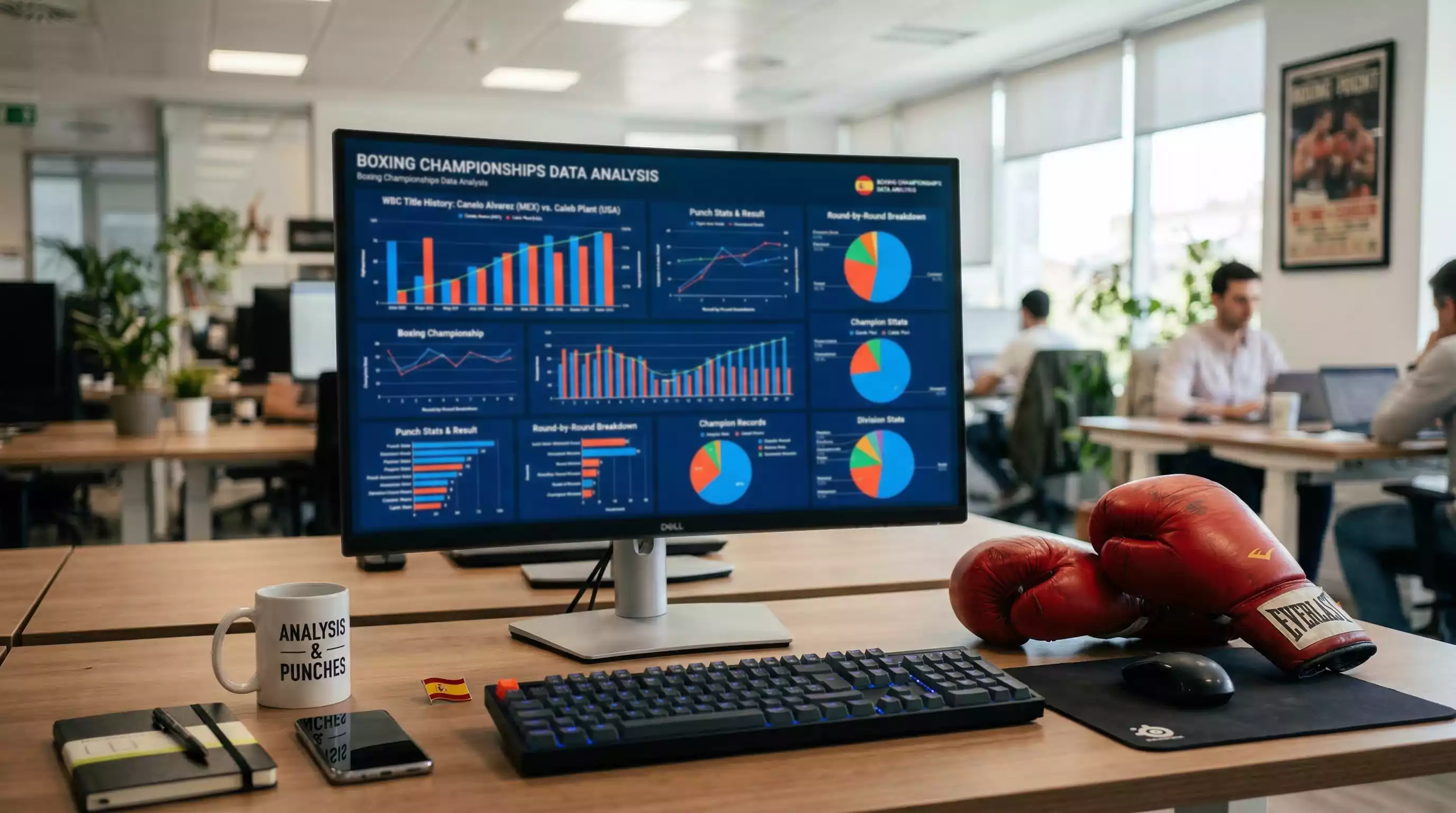 Pantalla de ordenador mostrando gráficos de análisis de datos junto a unos guantes de boxeo