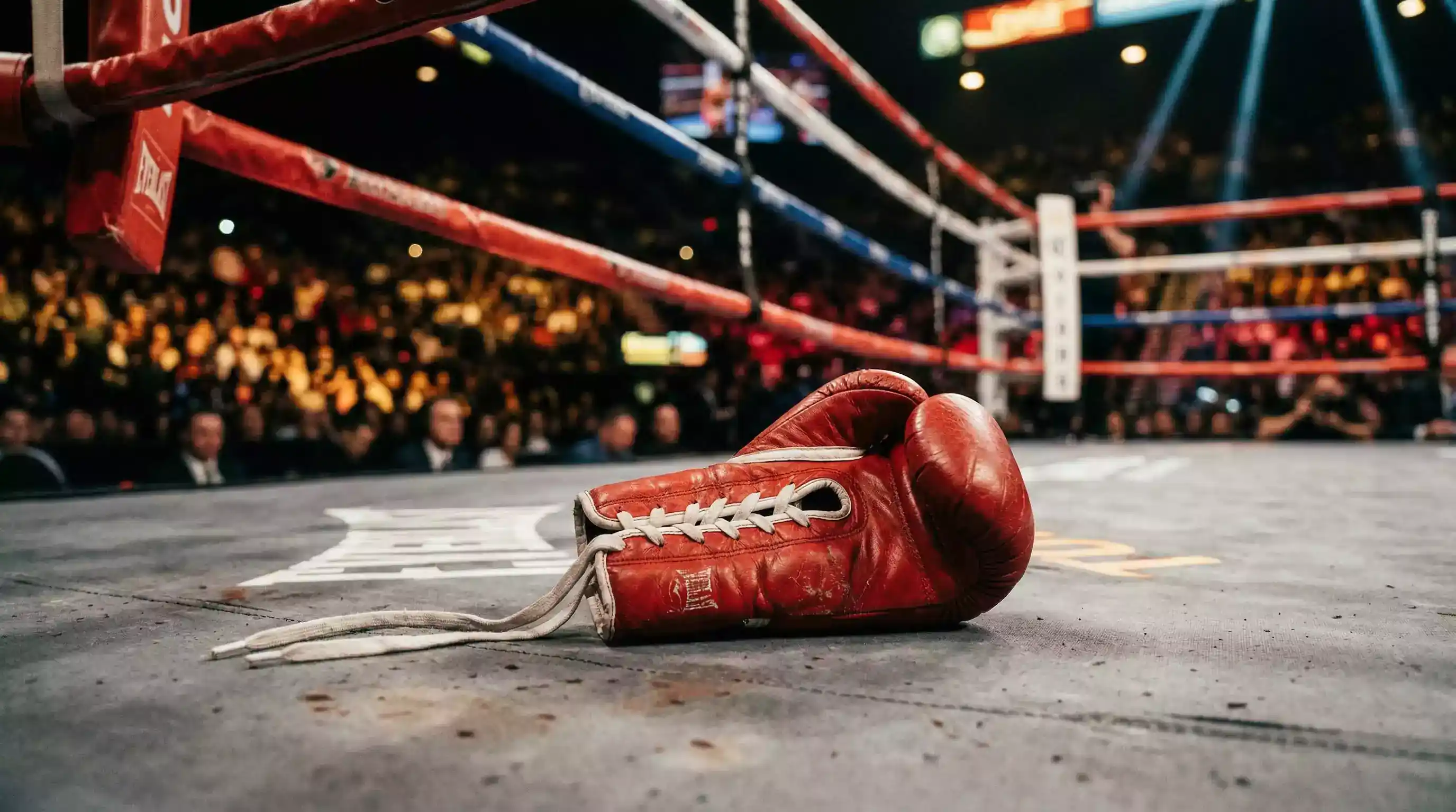 Guante de boxeo rojo sobre cuadrilátero con cuotas de apuestas iluminadas en el fondo